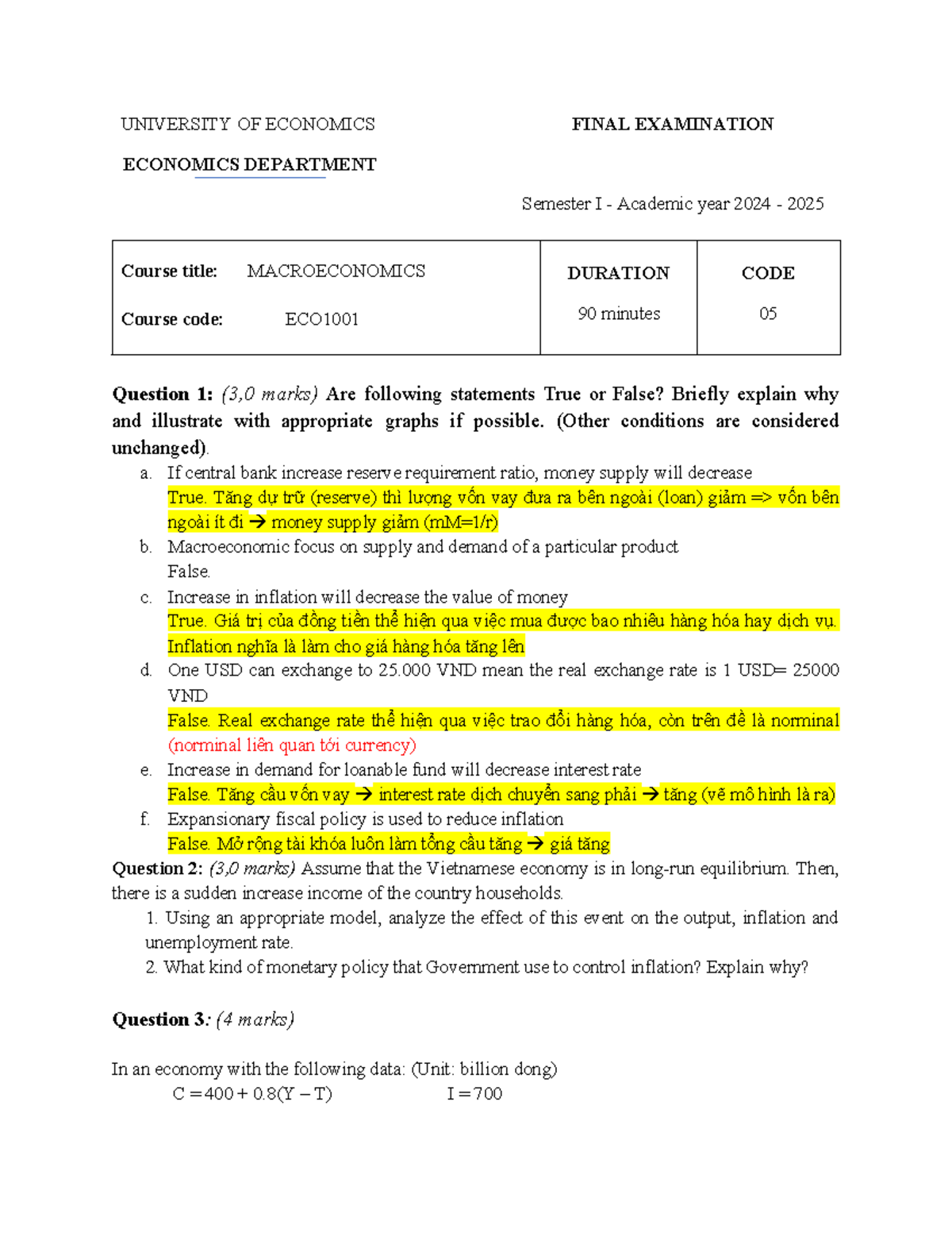 Final Exam Review: Macroeconomics ECO 90 min - Semester I 2024-25 - Studocu