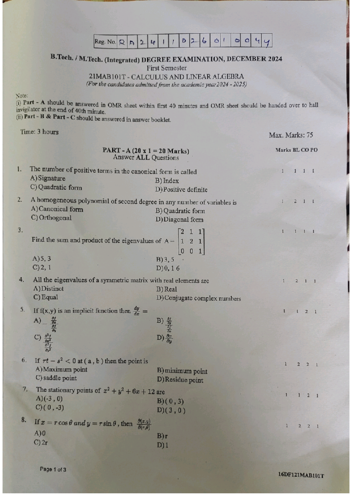Calculus and Linear Algebra Exam Paper - Dec 2024 (16DF121) - Studocu
