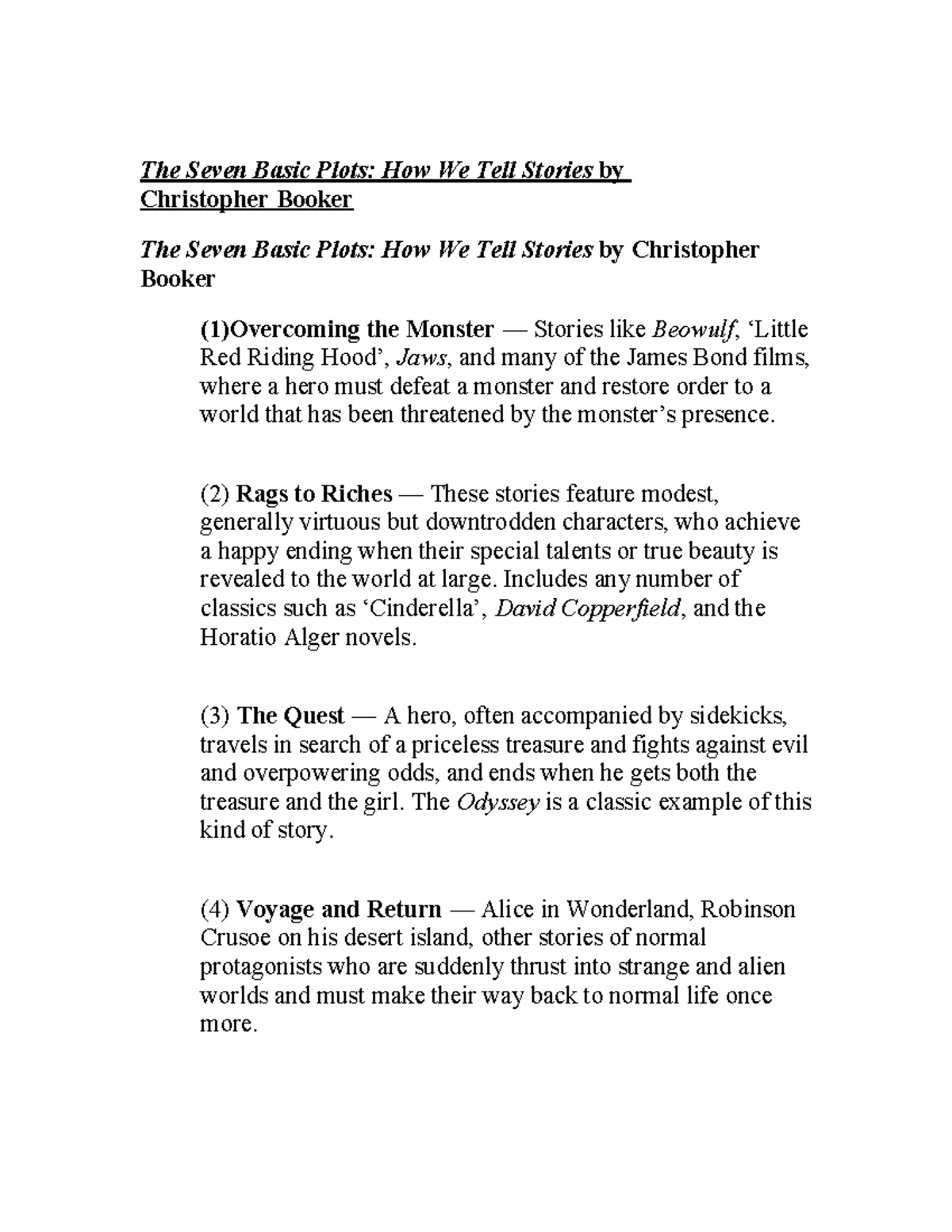 ENG 102 Overview of the Seven Basic Plots in Storytelling - Studocu