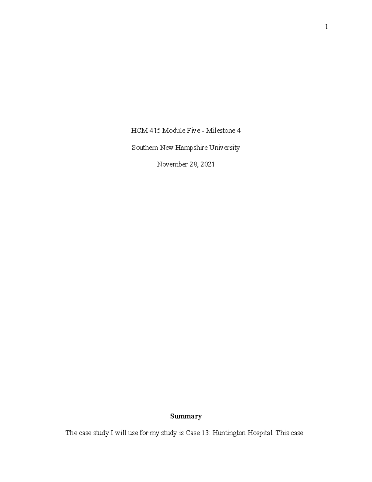 HCM415 Module 5 Case Study Analysis: Huntington Hospital Improvement ...