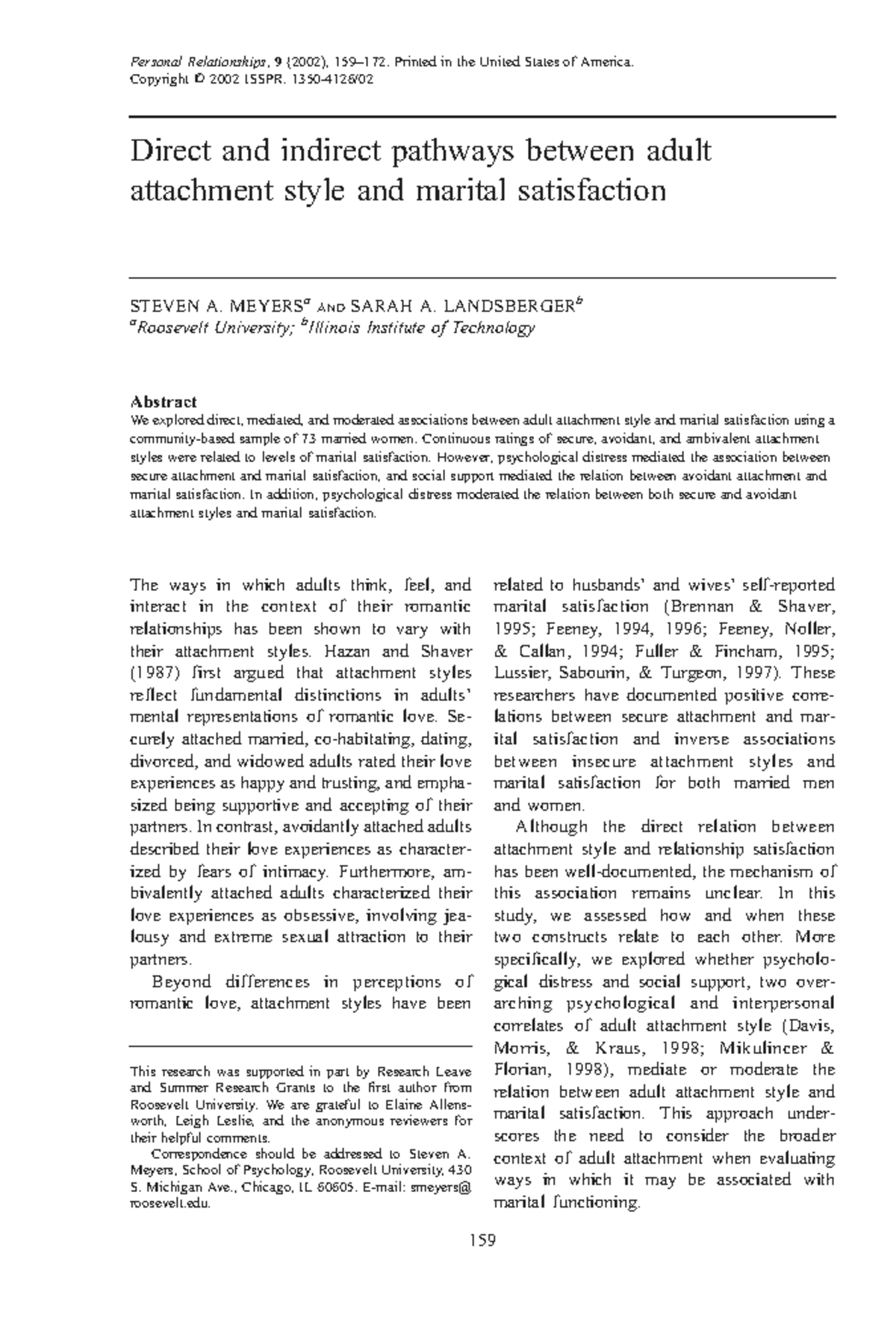 Direct and Indirect Pathways Between Adult Attachment Style and Marital ...