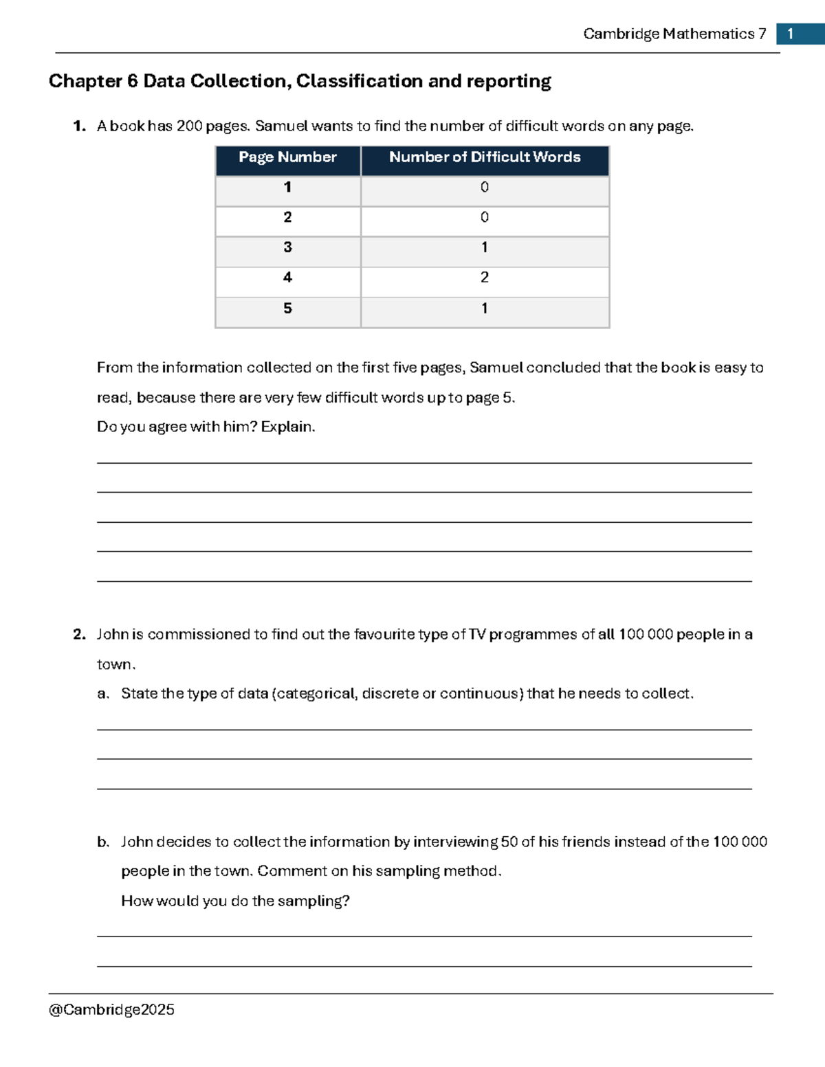 Cambridge Mathematics 7 Chapter 6: Data Collection & Analysis - Studocu