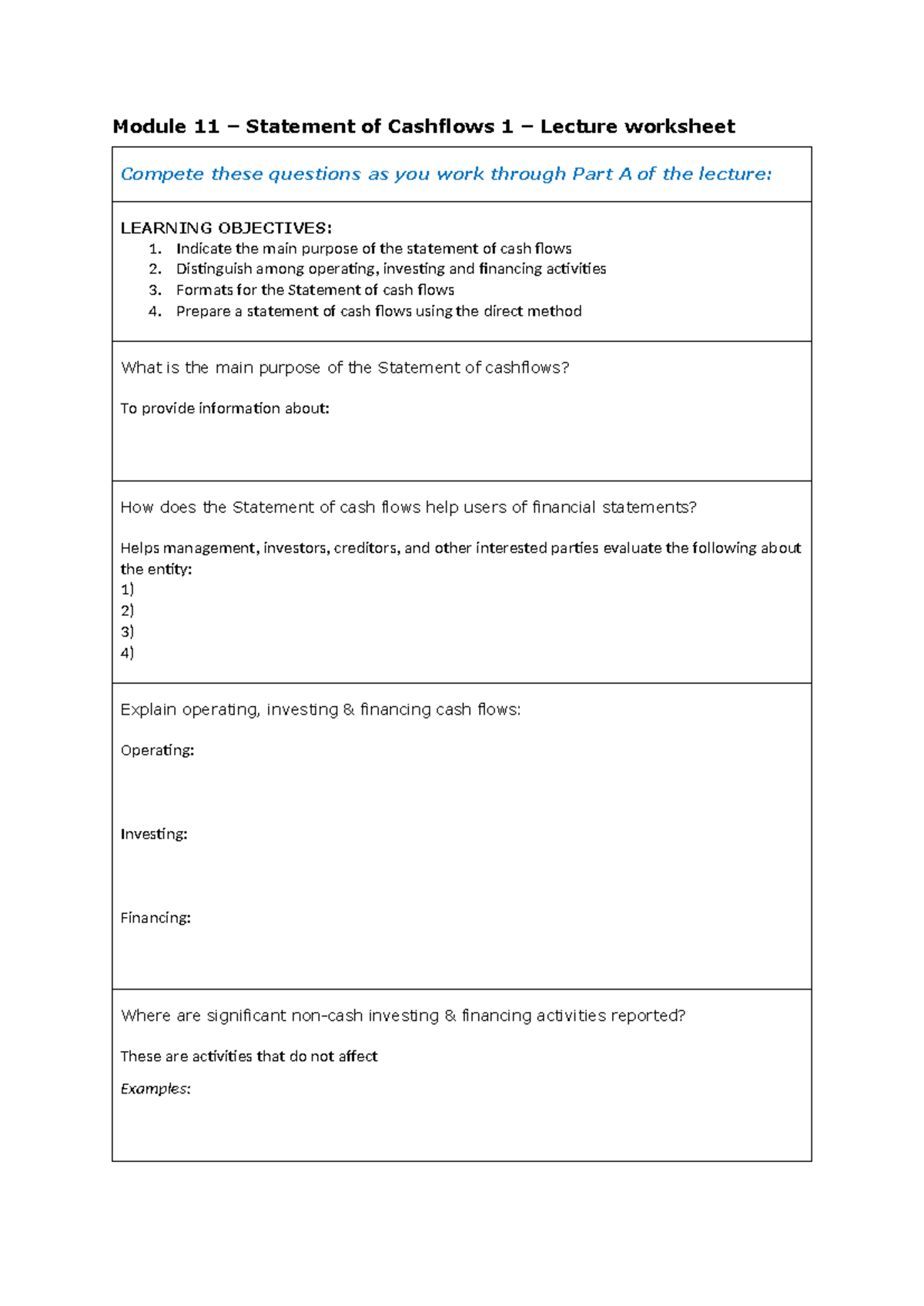 Module 11: Statement of Cash Flows Lecture Worksheet s2 2025 - Studocu