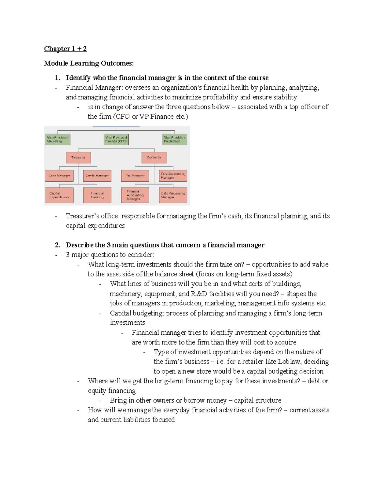 Week 1 - Introduction to Financial Management (Ch. 1 & 2) - Studocu
