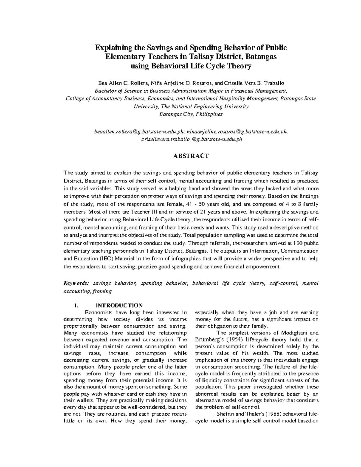 Thesis Abstract: Saving & Spending Behavior of Public Teachers (BSBA ...