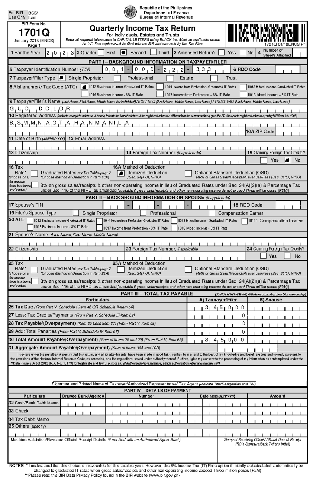 BIR Form 1701Q: Quarterly Income Tax Return for Individuals & Estates ...