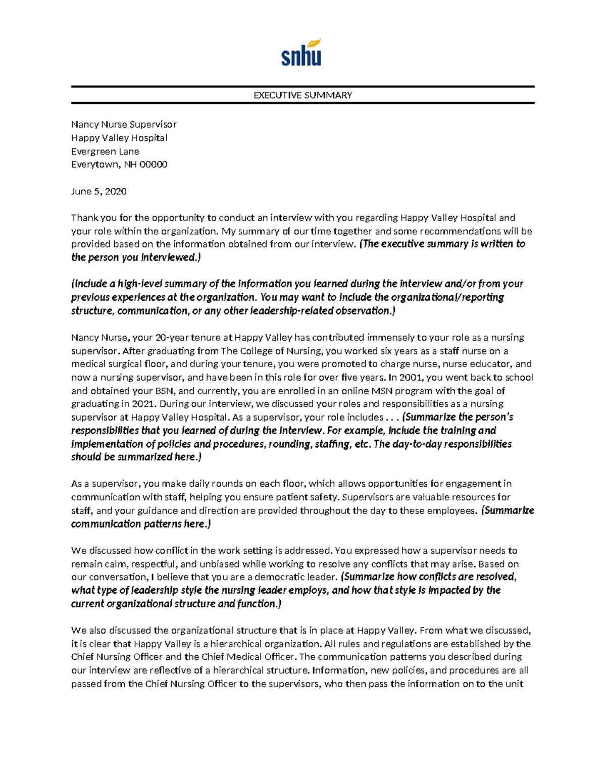 NUR 400 Executive Summary on Nursing Leadership at Happy Valley - Studocu