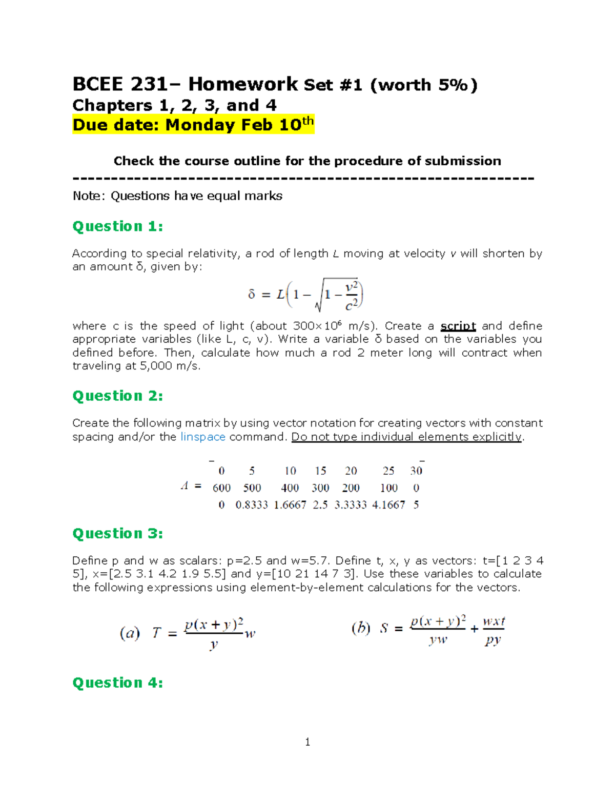 Assignment 1, AH, Winter 2025 - BCEE 231– Homework Set # 1 (worth 5% ...
