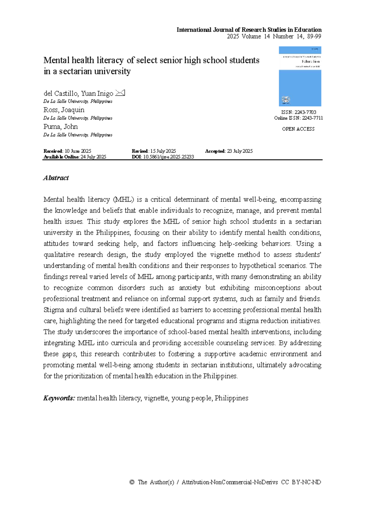 Mental Health Literacy Among Senior High School Students: A Study in a ...