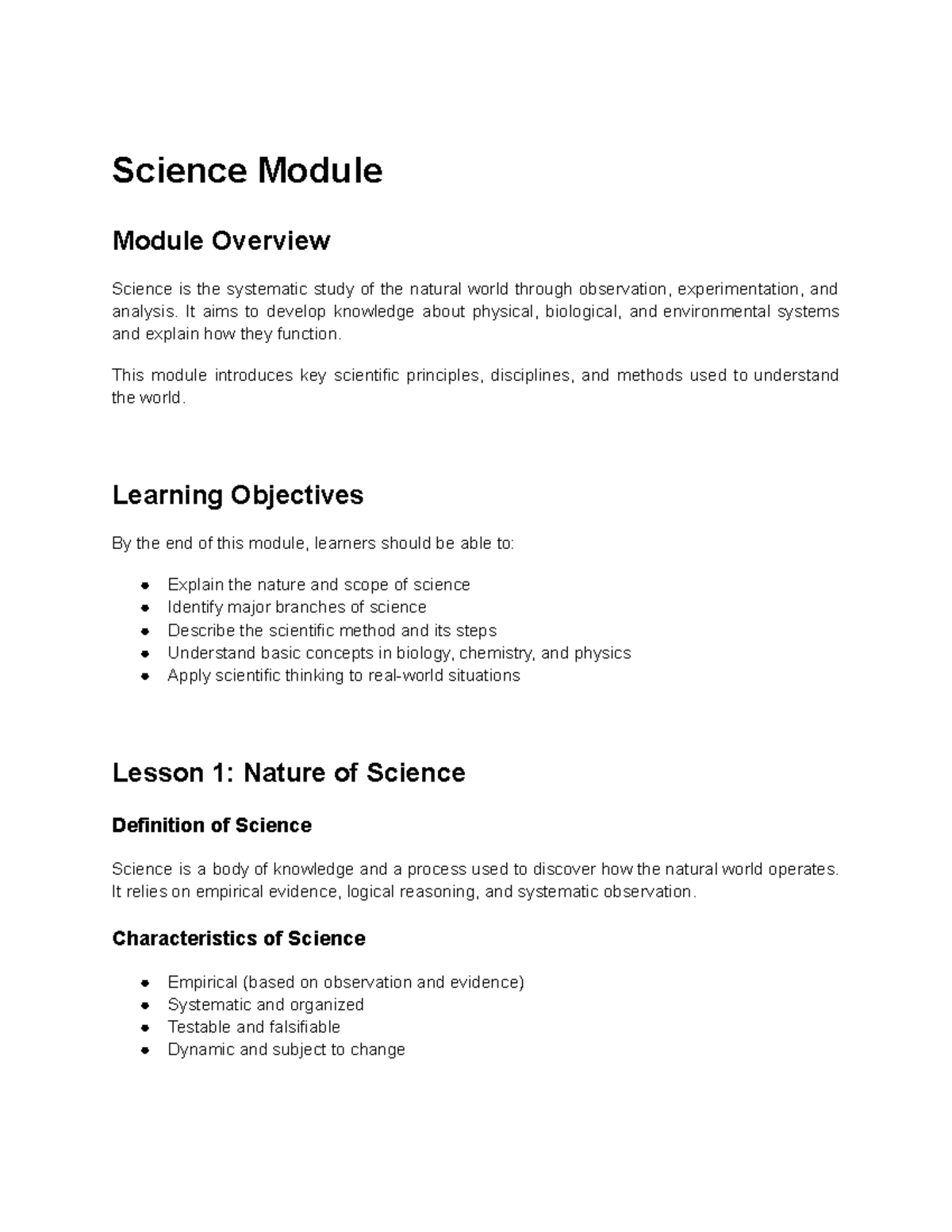 Science Module Overview: Key Principles and Branches - Studocu