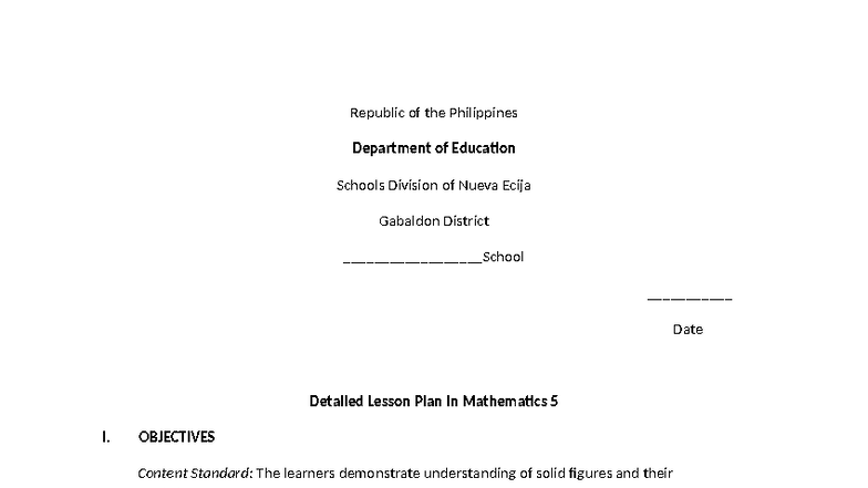 Math 5 Detailed Lesson Plan: Understanding Solid Figures - Studocu