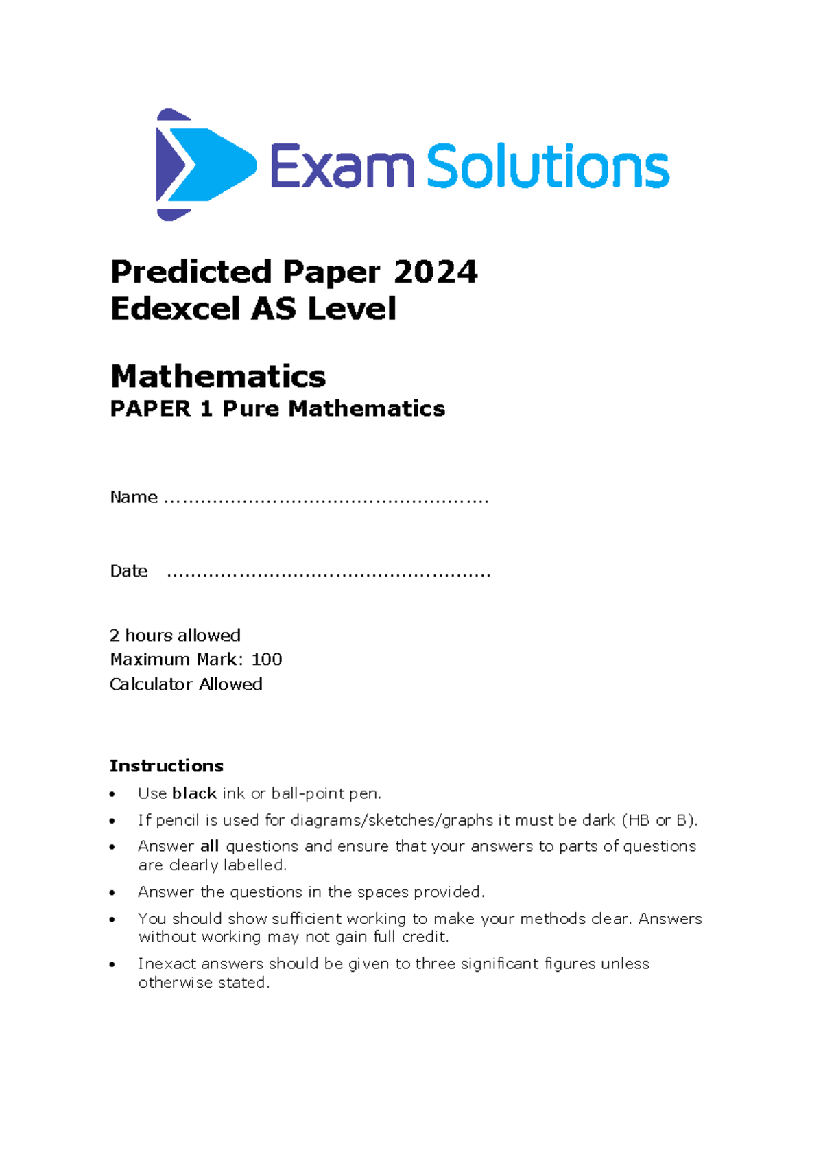 Edexcel AS Level Maths 2024 Paper 1 Pure Mathematics Exam Guide - Studocu