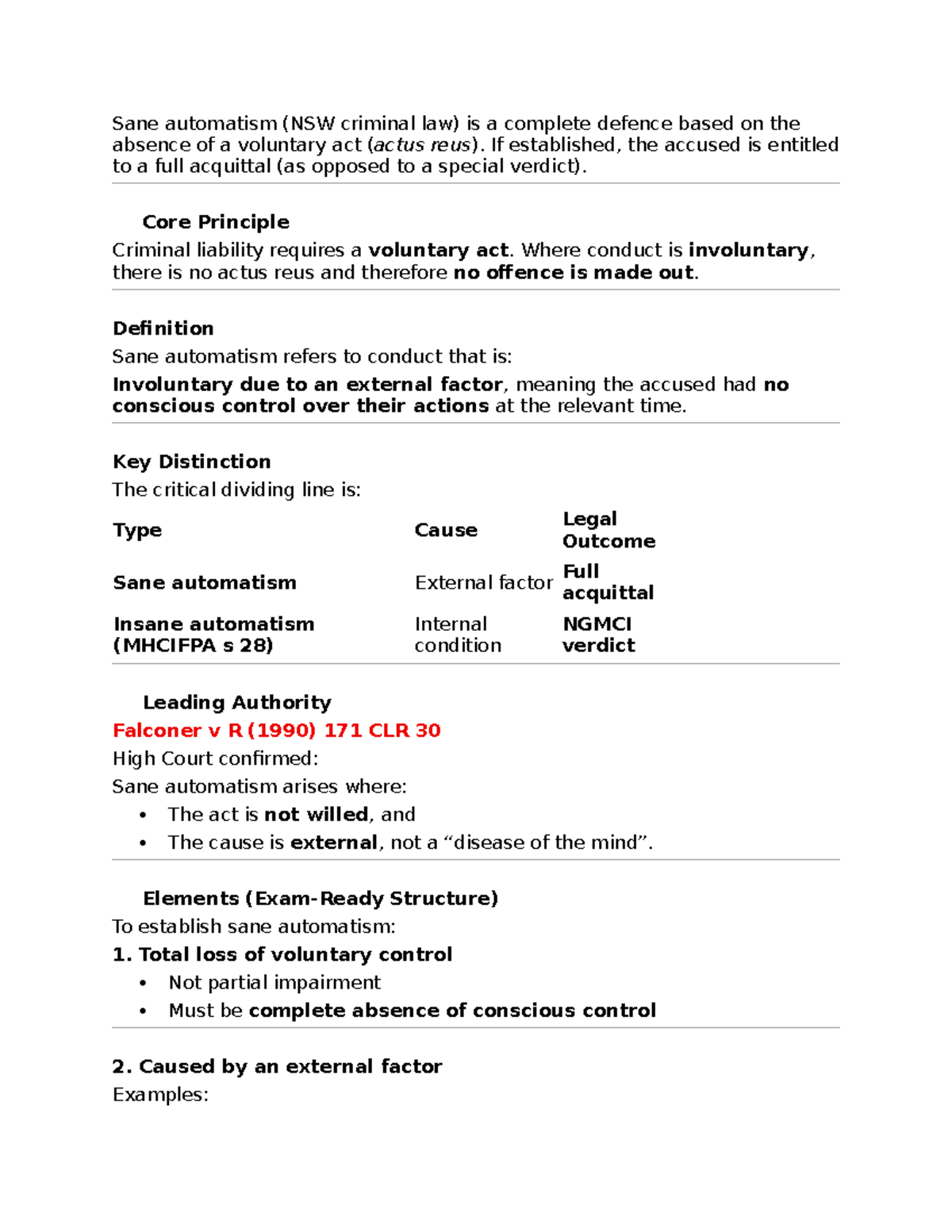 Sane Automatism in NSW Criminal Law: A Complete Defence Overview - Studocu