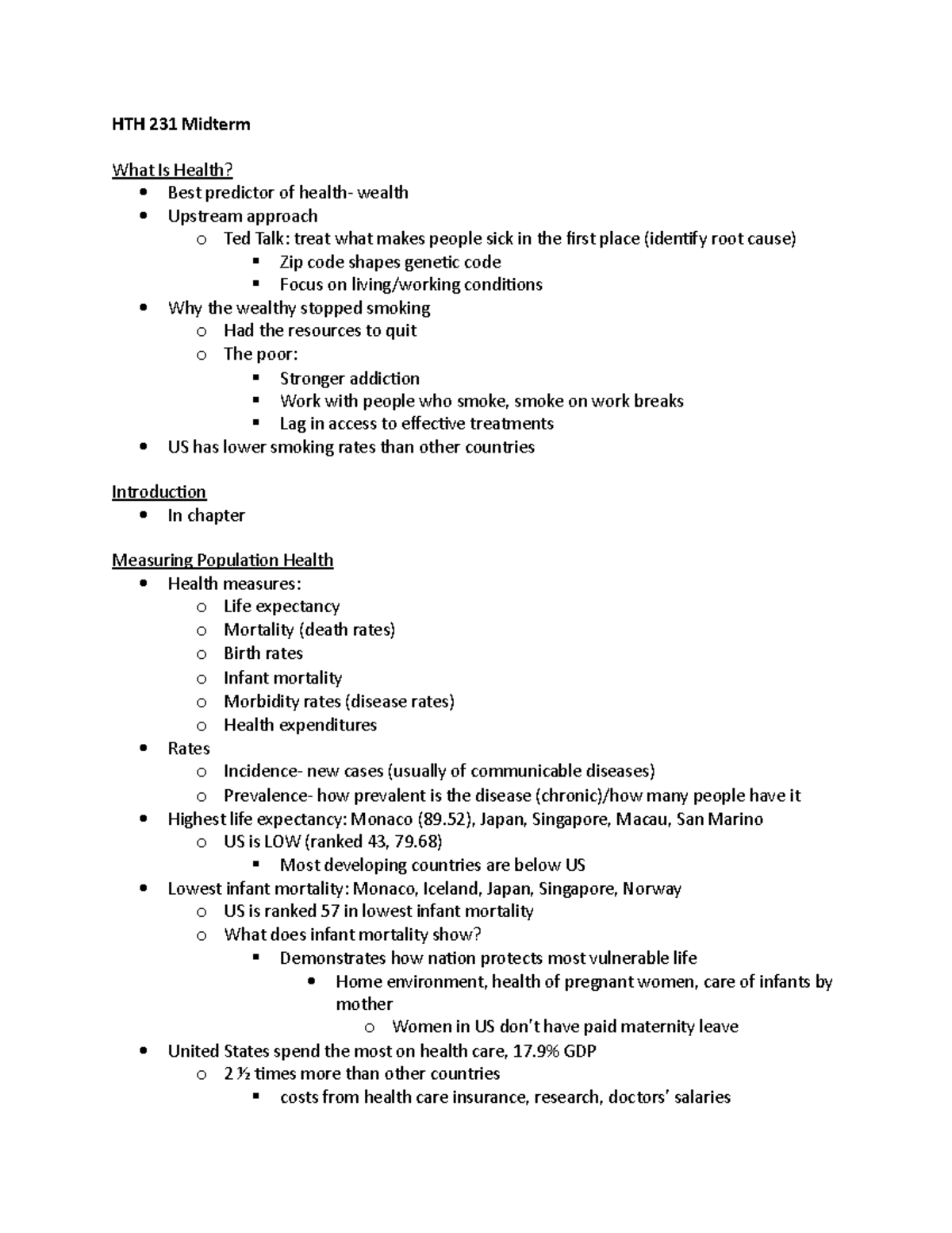 HTH 231 Midterm Study Guide: Key Health Concepts and Disparities - Studocu