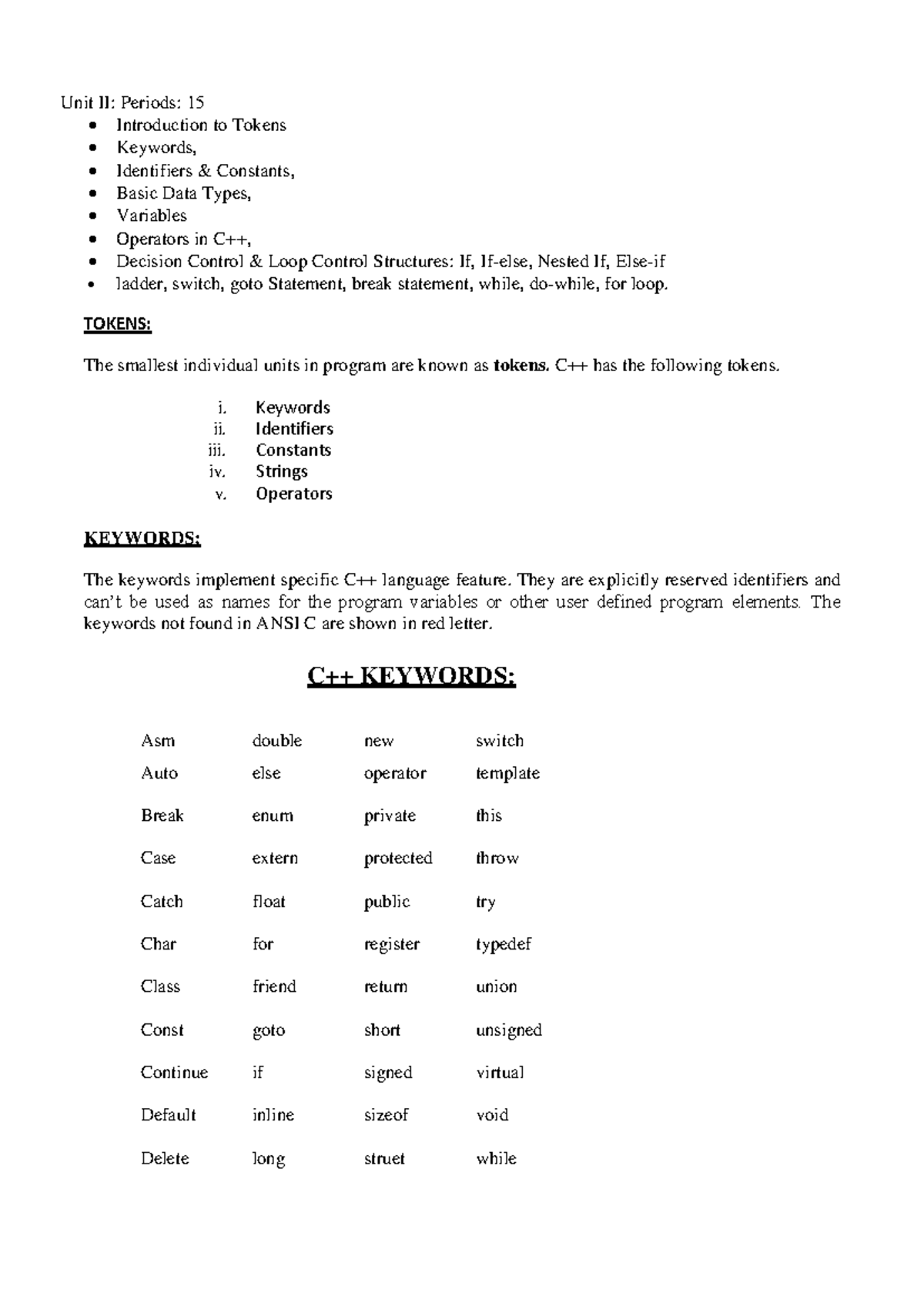 Unit II: C++ Tokens, Identifiers, Data Types & Control Structures Notes ...
