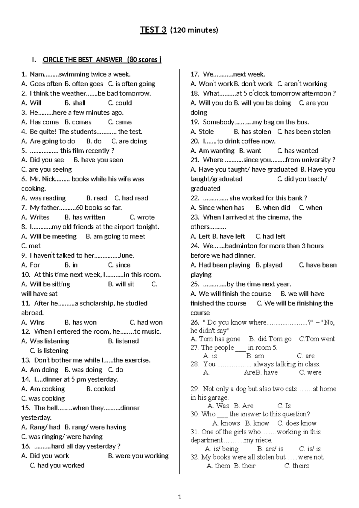 TEST 3 - Simple Test Questions and Answers (120 min) - Studocu