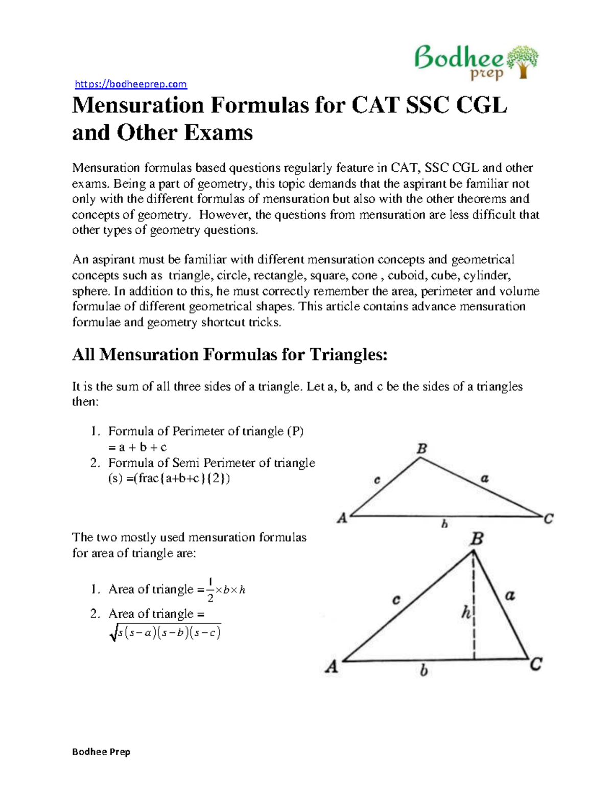 Mensuration Formulas for CAT & SSC CGL: Geometry Essentials - Studocu