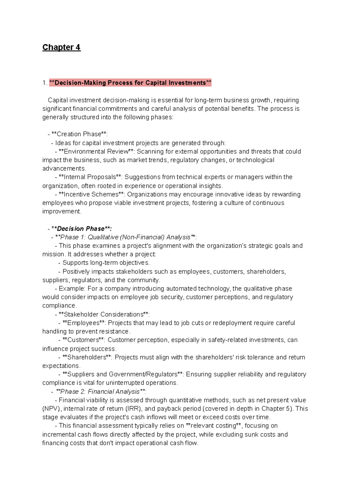 Chapter 4 - Summary of Capital Investment Decision-Making Process - Studocu