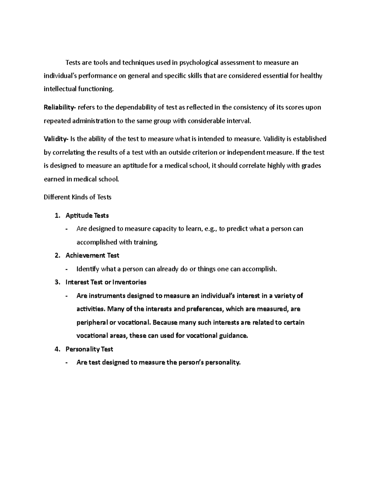 Tests are tools and techniques used in psychological assessment to ...