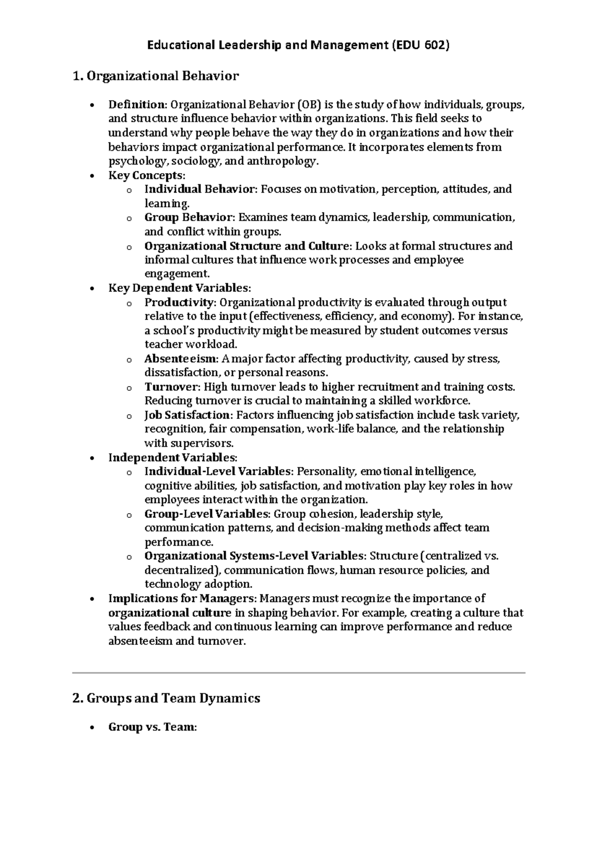 Organizational Behavior Insights and Management Strategies (EDU 602 ...