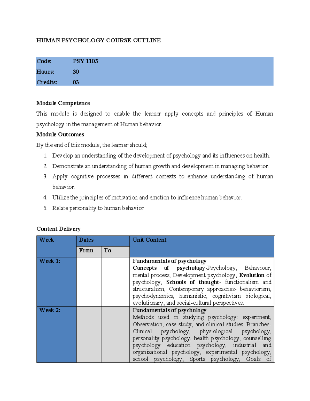 Human Psychology Course Outline - PSY 1103 - Studocu
