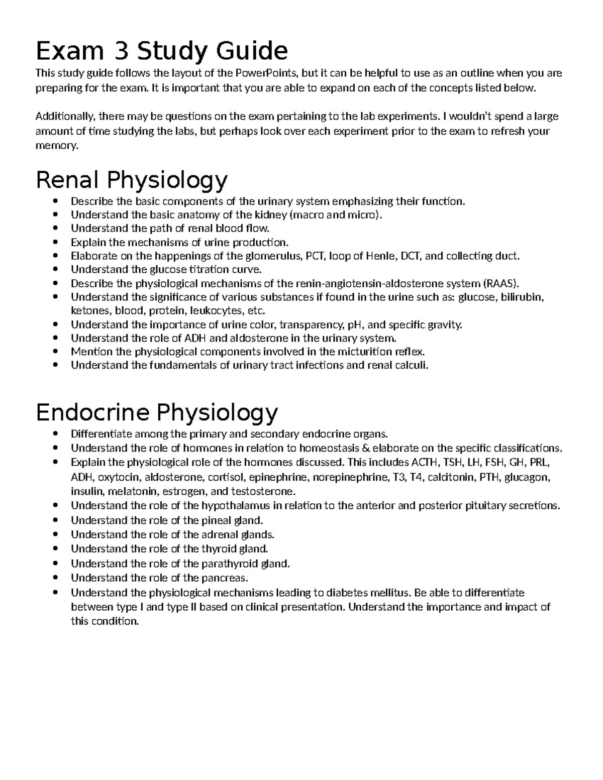 BIO 301 Exam 3 Study Guide: Renal & Endocrine Physiology Review - Studocu