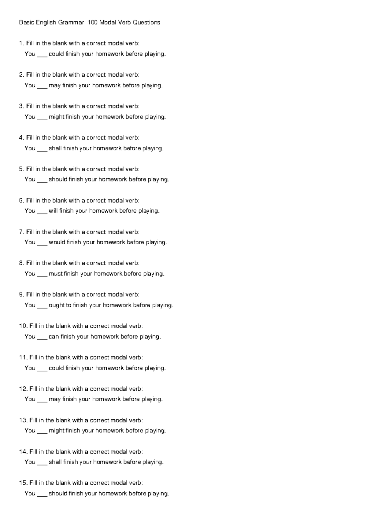 Basic English Grammar: 100 Modal Verb Questions for Practice - Studocu