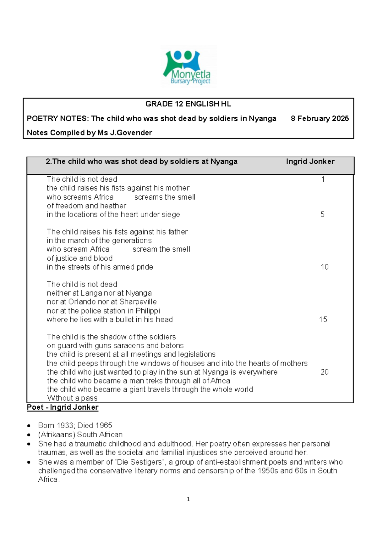 GRADE 12 ENGLISH HL POETRY NOTES: Analysis of "The Child Who Was Shot ...