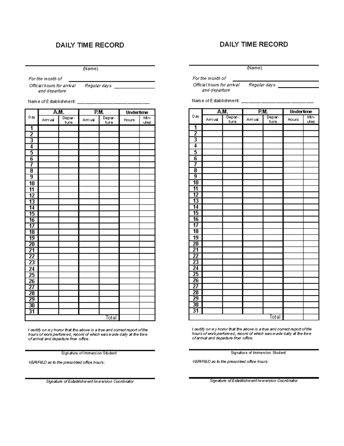 Pdfcoffee.com immersion-student-dtr-pdf-free - DAILY TIME RECORD (Name ...