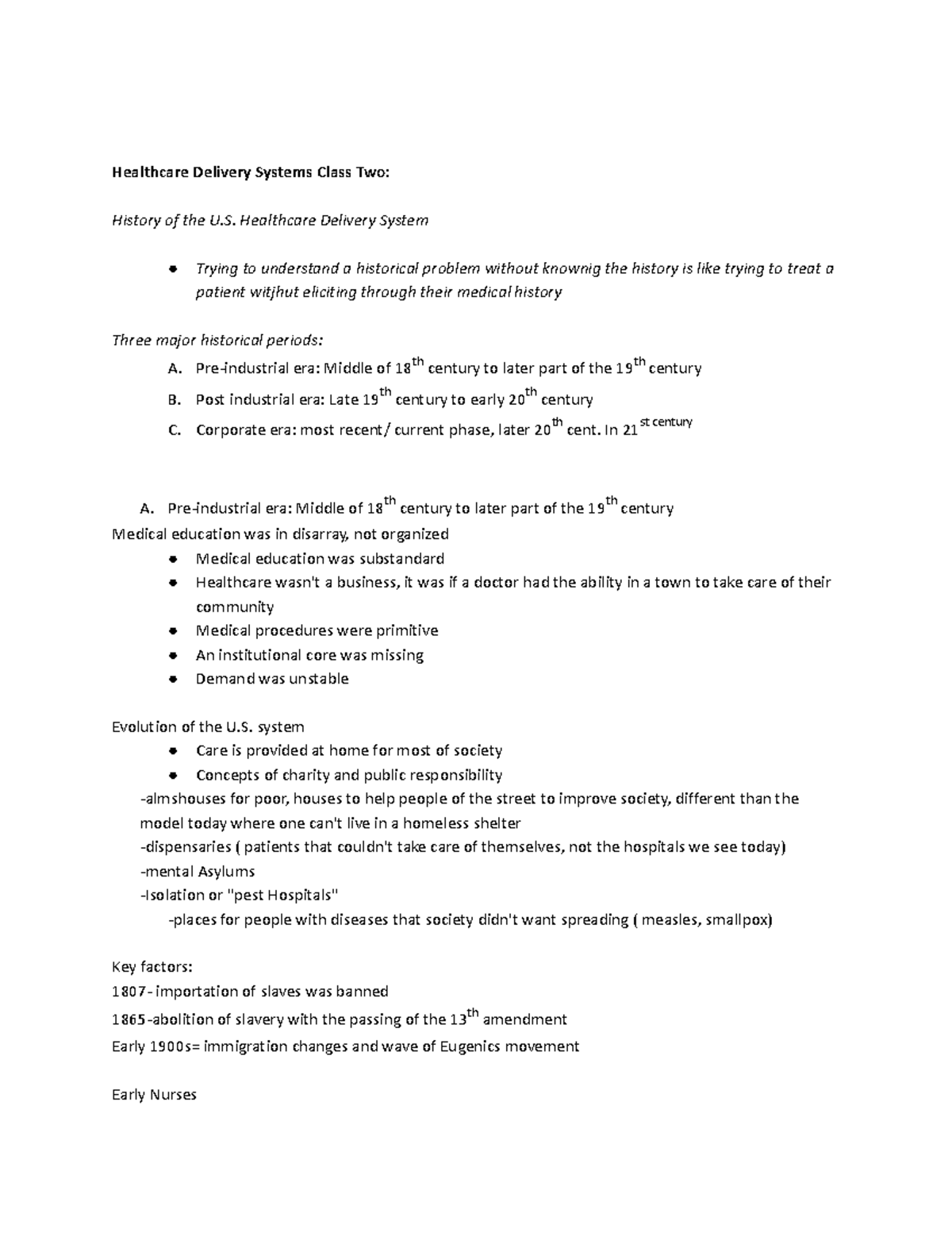 Class 2 Notes - Healthcare Delivery Systems Class Two: History of the U ...