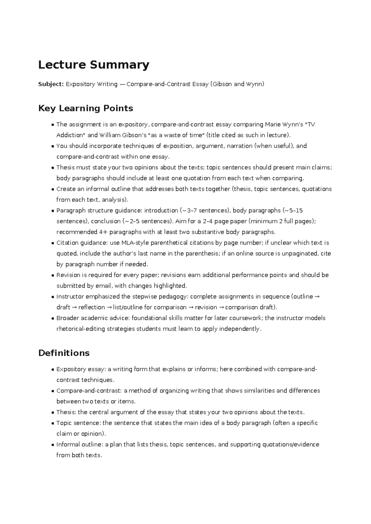 Expository Writing Lecture Summary: Compare-and-Contrast Essay - Studocu