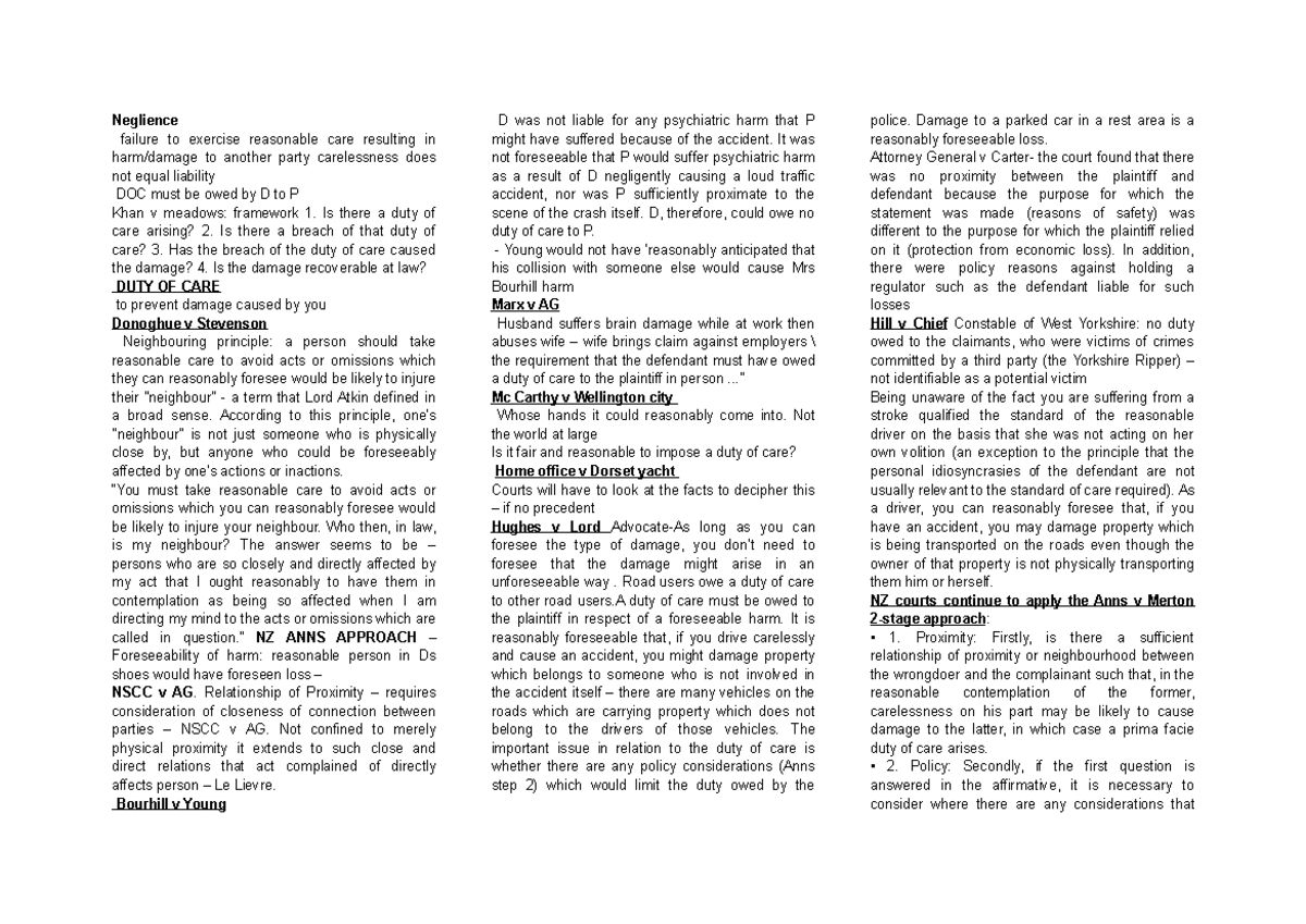 Torts Exam Notes - Sem 1: Duty of Care & Negligence Framework - Studocu