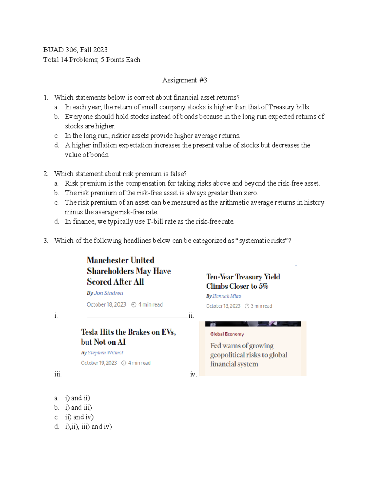 BUAD 306, Assignment 3 - Financial Assets and Risk Premium Analysis ...