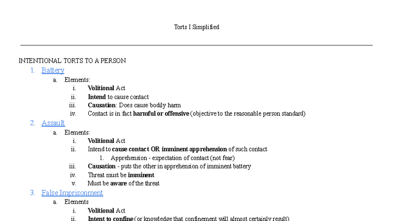 Torts I Simplified: Key Concepts of Intentional Torts - Studocu