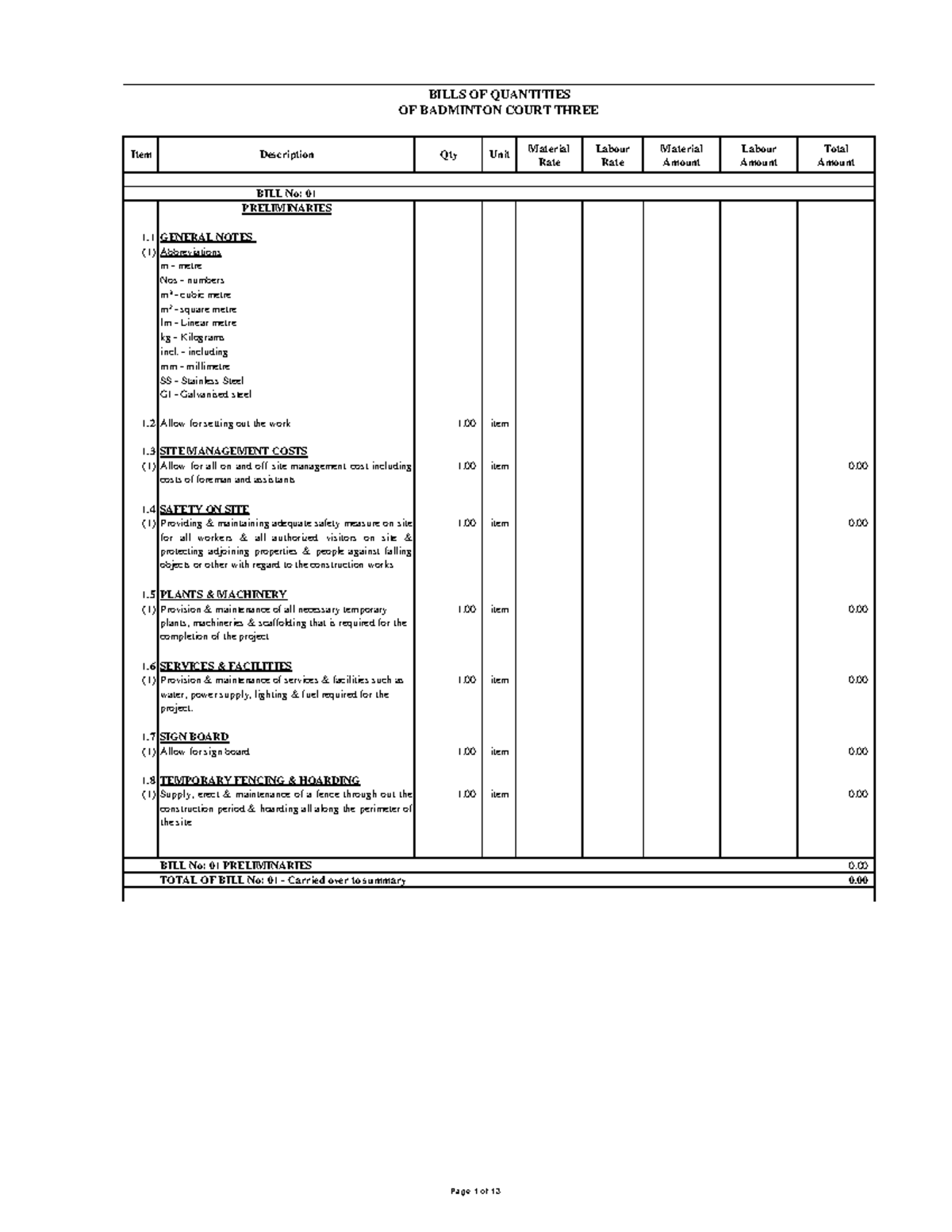 BILLS OF QUANTITIES FOR BADMINTON COURT CONSTRUCTION - Studocu