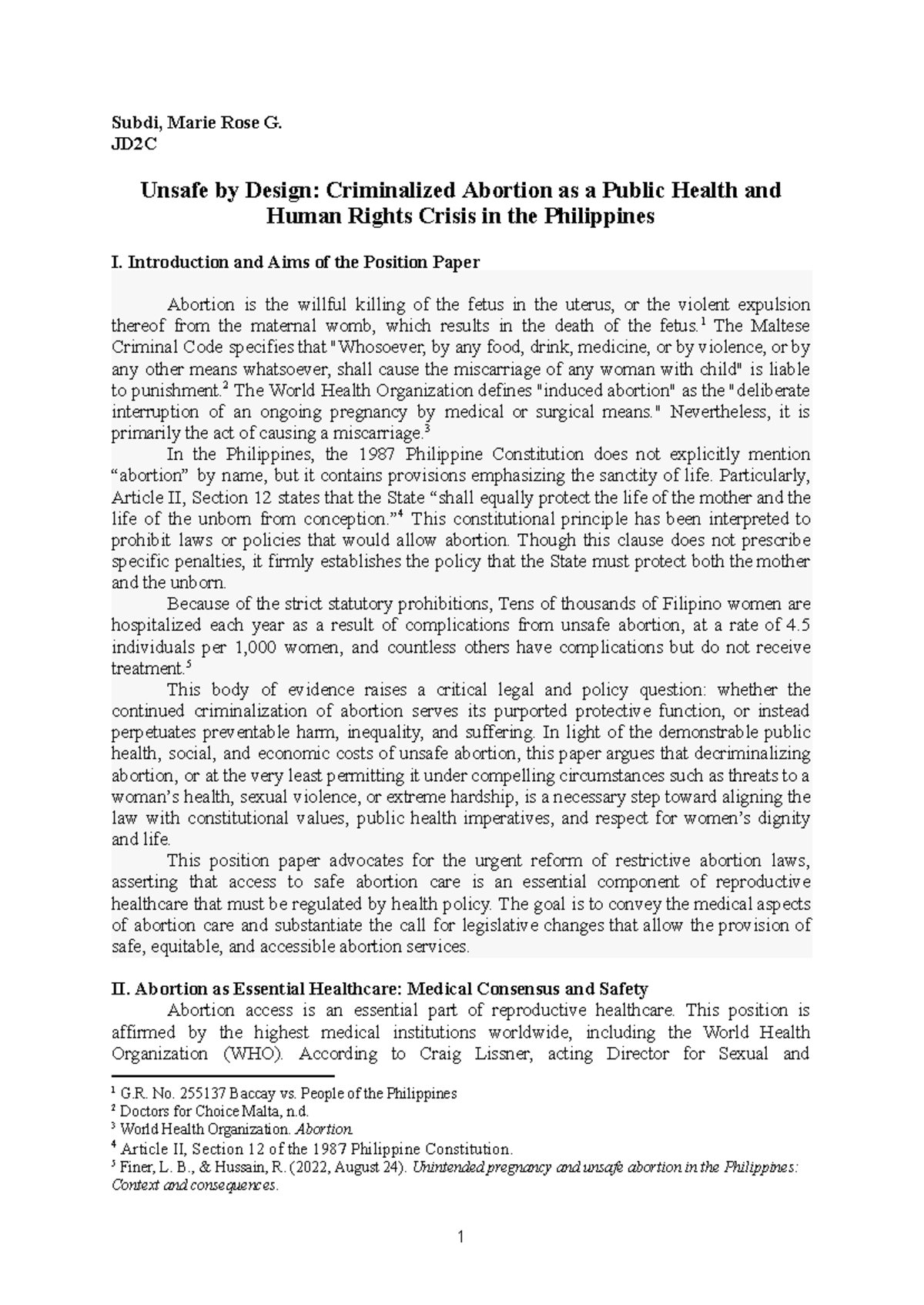 JD2C Position Paper: Decriminalizing Abortion in the Philippines - Studocu