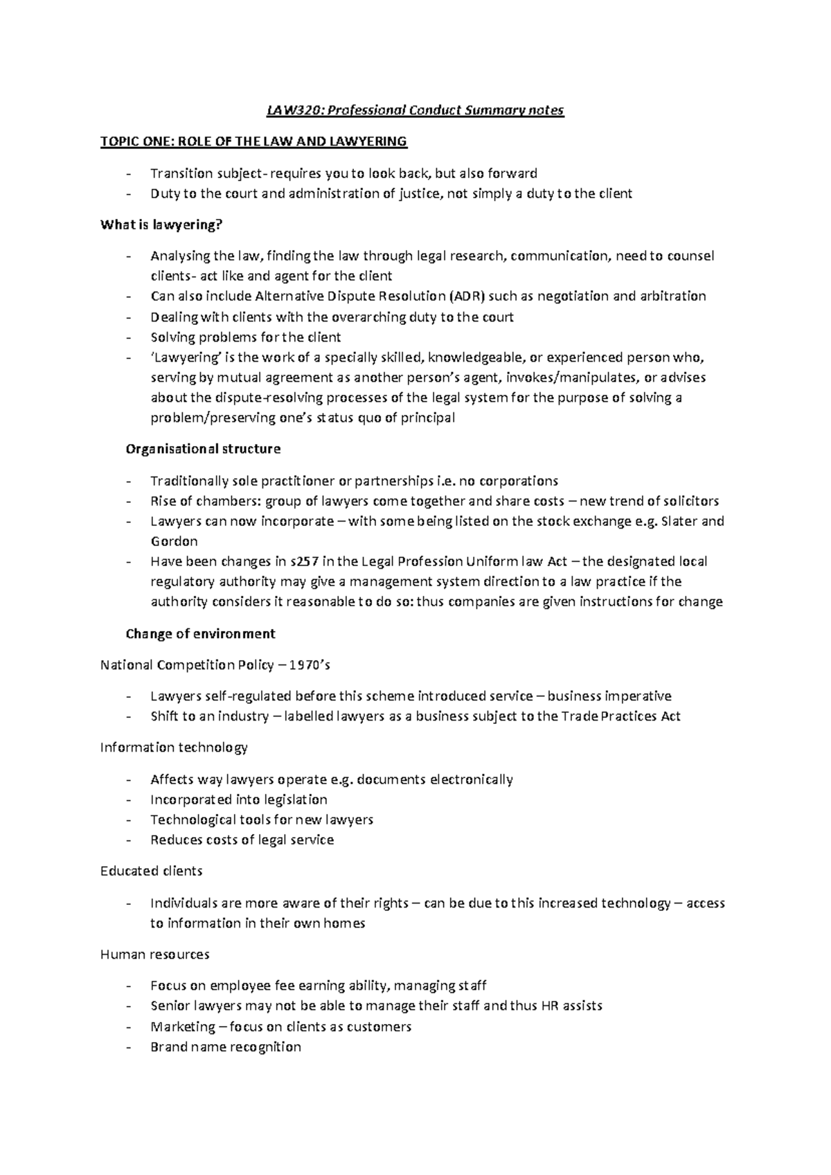 LAW320: Summary Notes on Professional Conduct and Legal Ethics - Studocu