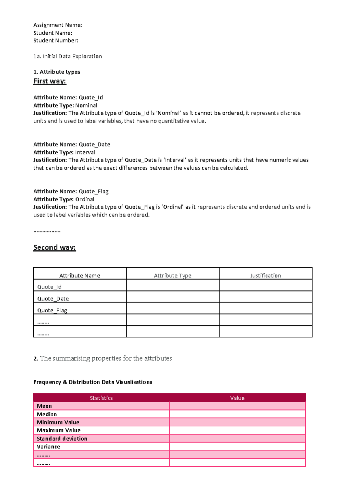 Sample assignment - Assignment Name: Student Name: Student Number: 1a ...