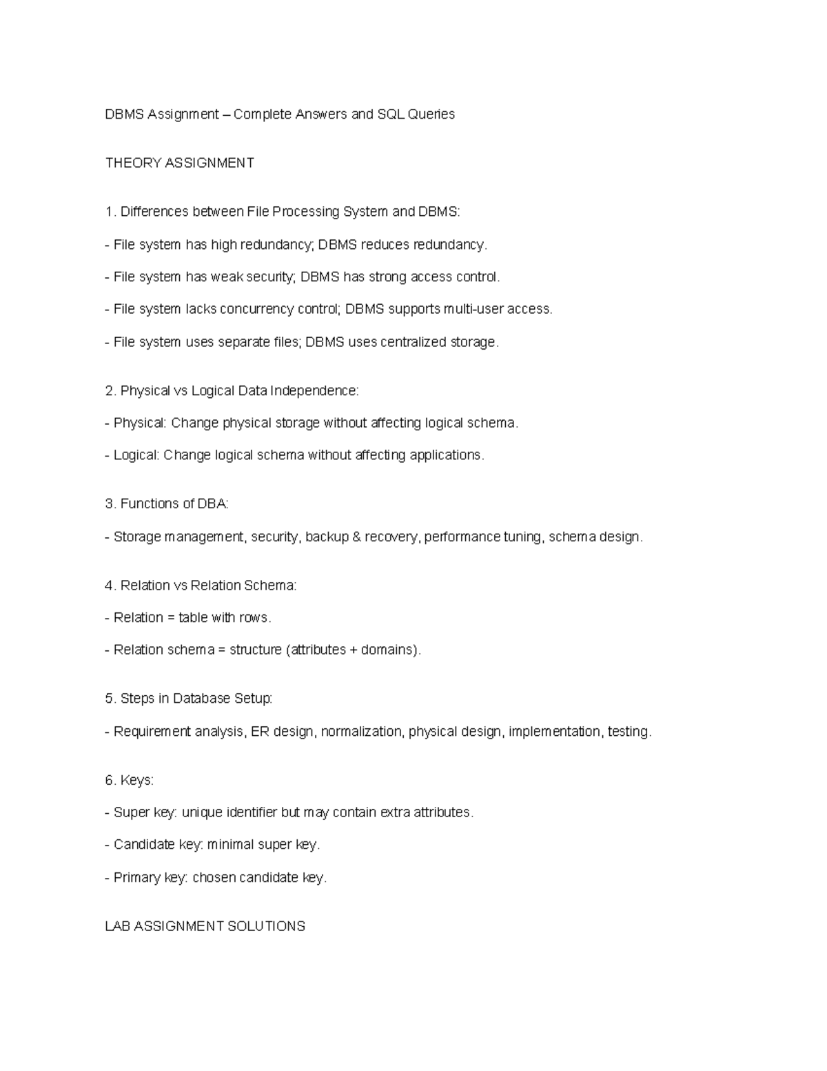 DBMS Assignment 1: Complete Solutions & SQL Queries - Studocu