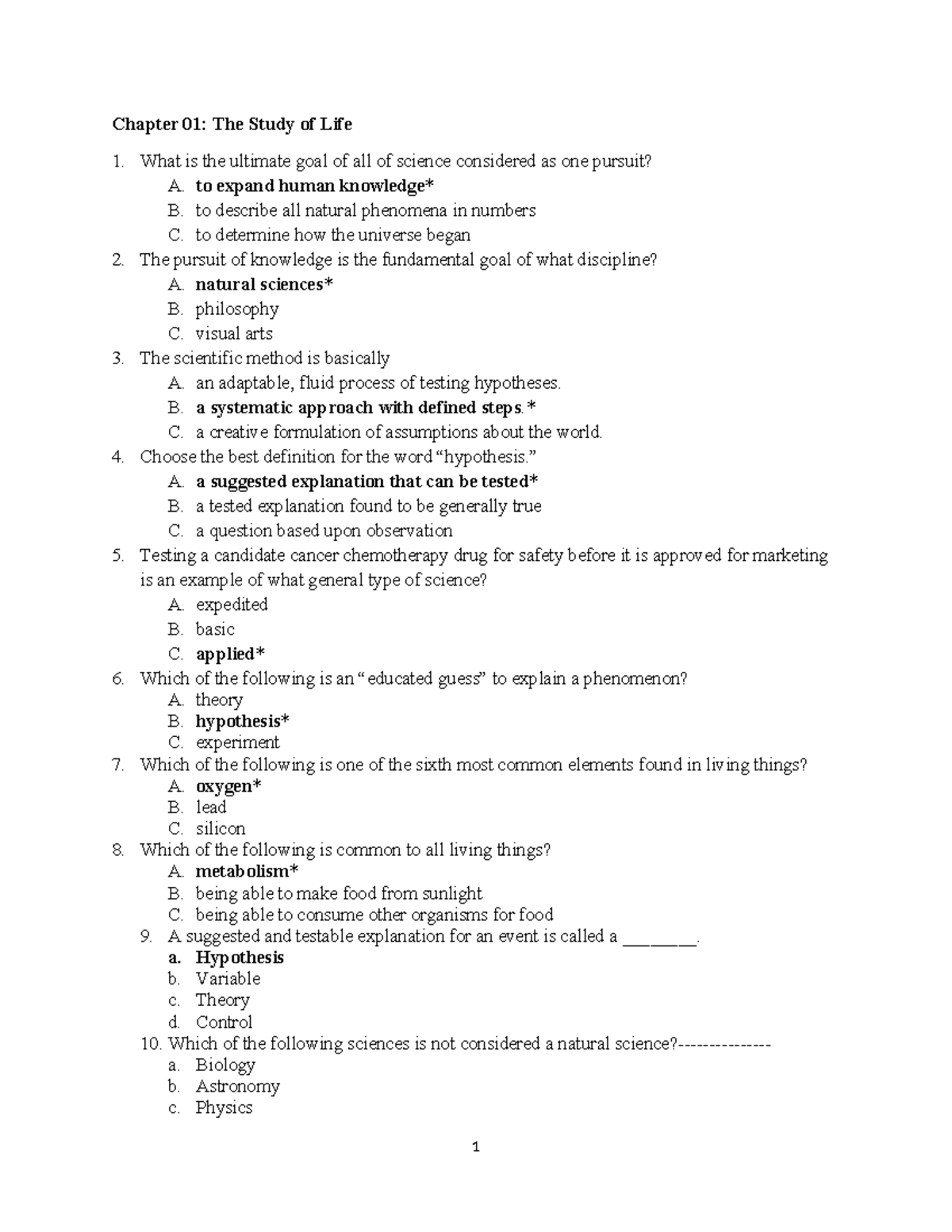 Biology 101: Chapter 01 - The Study of Life Review Notes - Studocu