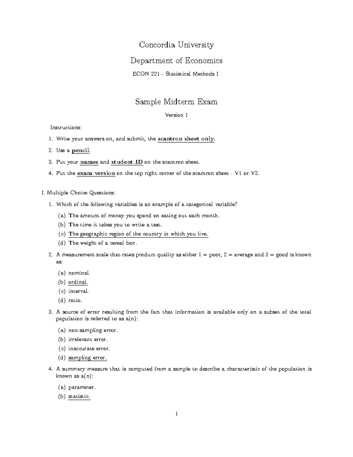 ECON 221 Statistical Methods I Sample Midterm Exam V1 Answers - Studocu