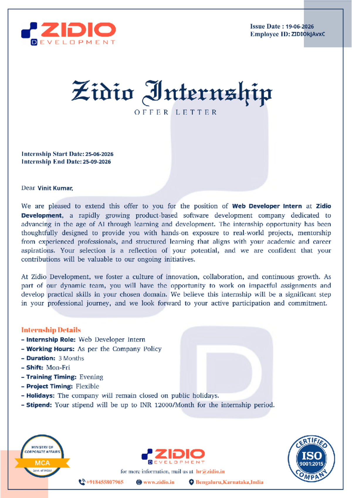 ZIDIO Internship Offer Letter for Web Developer Intern - Studocu
