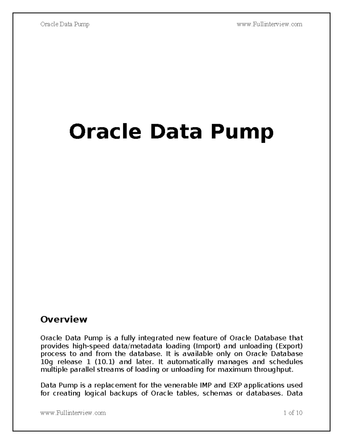 Oracle-datapump-details - Oracle Data Pump Overview Oracle Data Pump is ...
