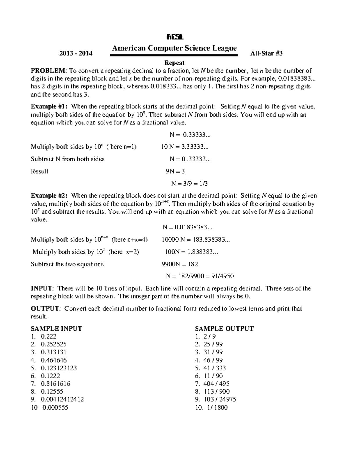 1314 AS3 repeat - Assignment sheet for more coding practice - ACSL ...