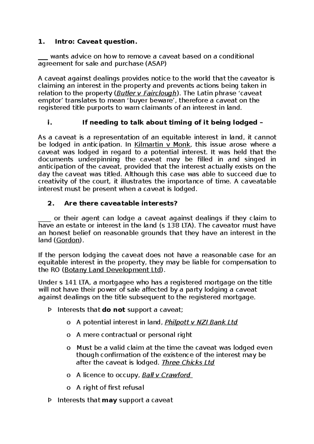 Caveat Template Answer - 1. Intro: Caveat question. ___ wants advice on ...
