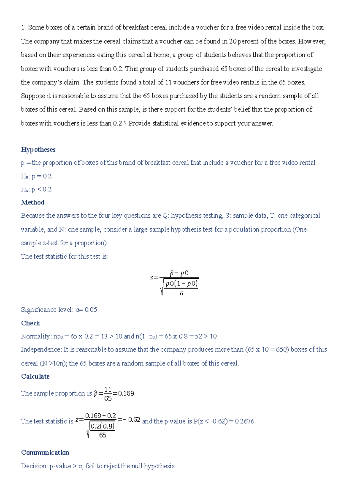 AP Stats HW 1024 FRQ Analysis - Hypothesis Testing for Proportions ...