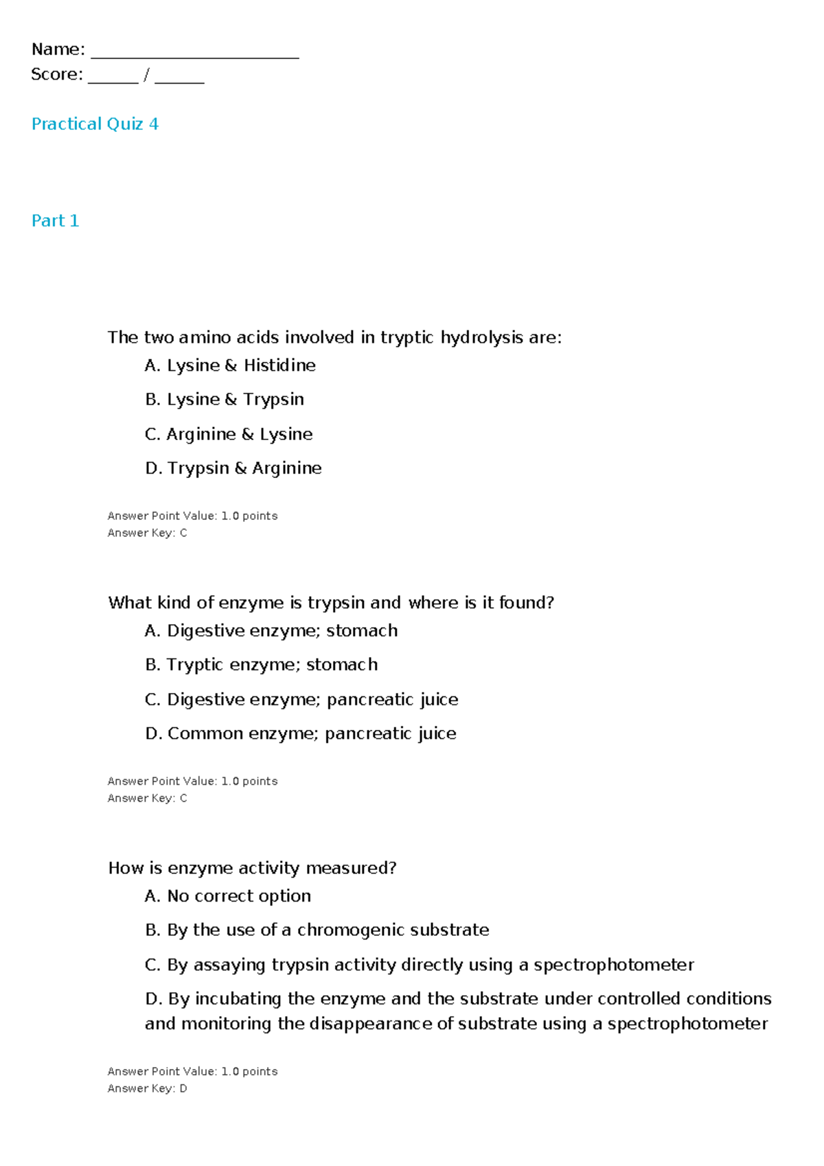 Practical Quiz 4 - Enzyme Activity and Tryptic Hydrolysis - Studocu