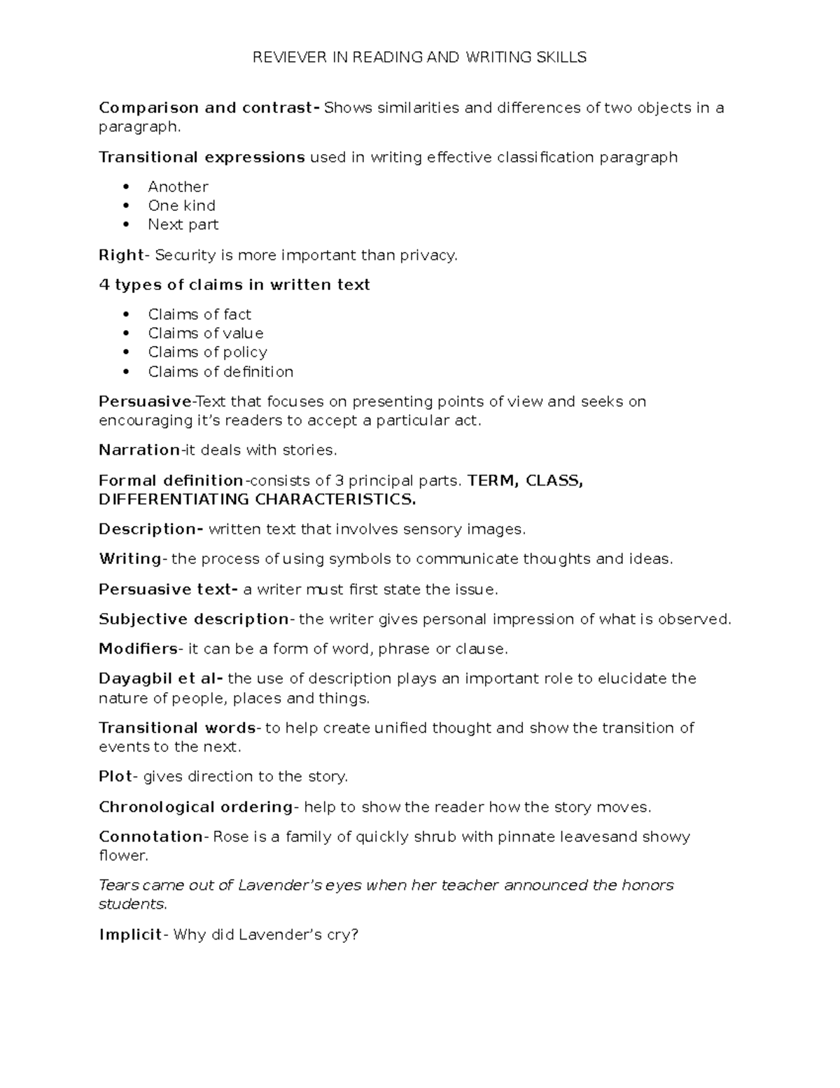 Reading AND Writing Reviewer - REVIEVER IN READING AND WRITING SKILLS ...