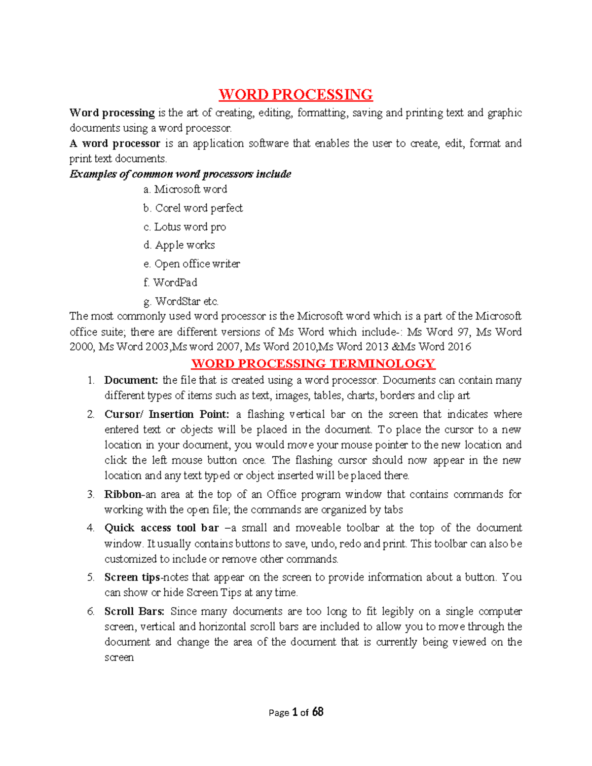 WORD PROCESSING NOTES: Understanding Microsoft Word Features and ...
