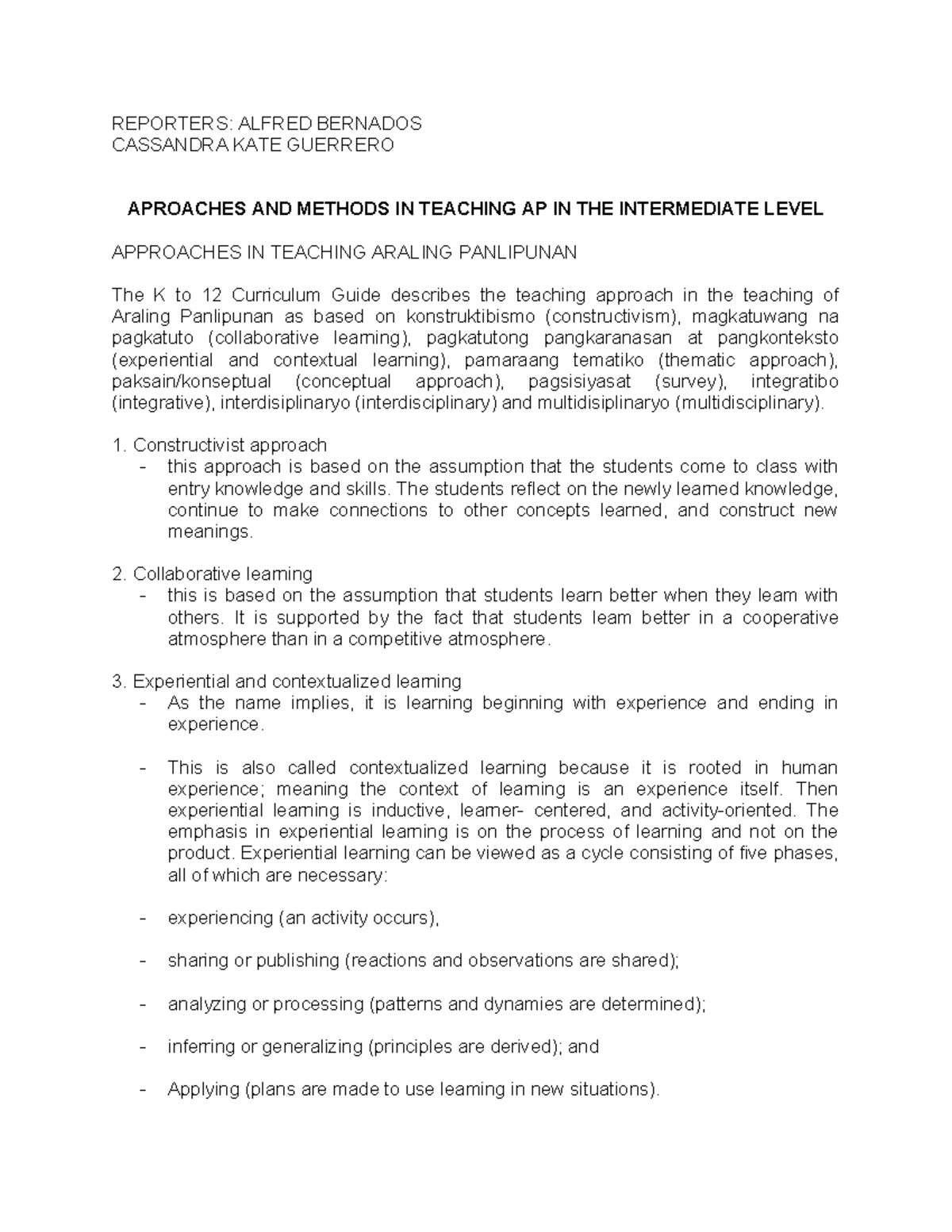 Approaches and Methods in Teaching AP (Araling Panlipunan) at ...